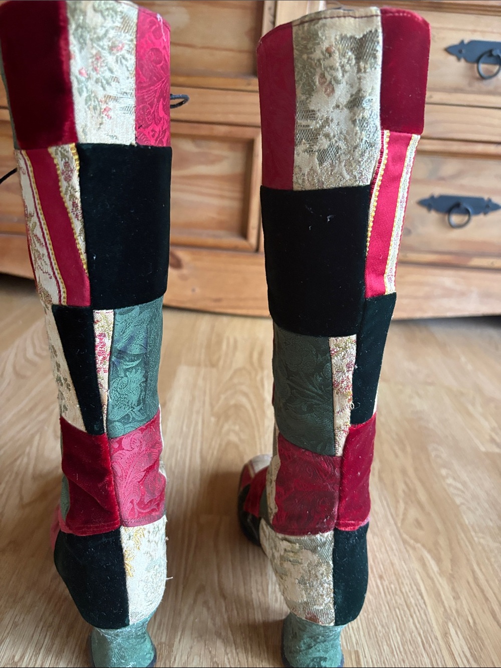 Kennith Cole Patchwork Lace-Up Knee-High Boots in Red, Green & Black - Picture 3 of 5